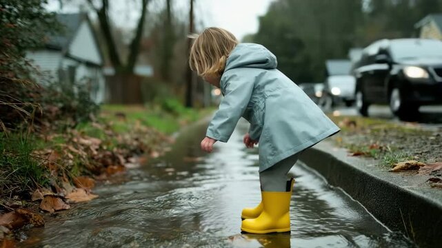 A little child rushing towards the drain while playing in the gutter on a wet day