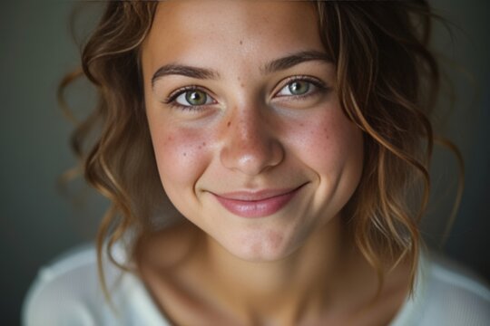 Closeup Portrait of Confident Young Woman with Freckles Gazing at Camera with a Smile
