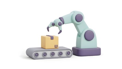 3D illustration of a robotic arm on a conveyor belt with a package in a clean studio setting