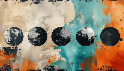 Abstract artwork with five textured black circles across a multicolored background of beige, turquoise and orange paint splashes; dynamic modern composition.