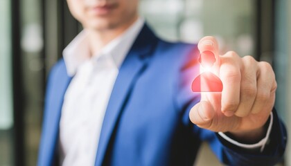 Digital Connection: A man wearing a suit, interacting with digital human symbol interface, symbolizing access and connectivity. 