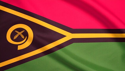 Vanuatu’s flag with red and green fields, black triangle bordered by yellow, and boar’s tusk emblem.
