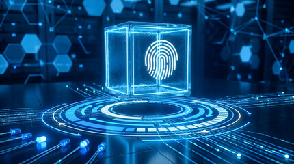 Advanced fingerprint security solution with glowing cube and digital technology background for modern business solutions
