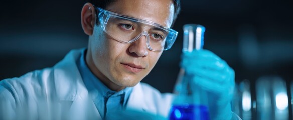 laboratory technician nervously blends vibrant solutions anticipation tingling in the air