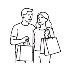 Happy couple enjoying shopping together with bags, simple outlined lifestyle illustration for marketing campaigns and joyful designs for retail ads