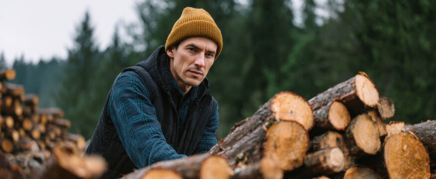 Focused man chopping firewood outdoors beside neatly stacked logs in a serene forest