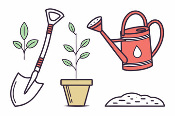 Gardening Supplies and Seedling Illustrations on White Background tools shovel
