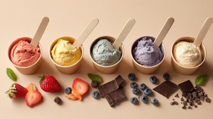 Fototapeta premium ice cream in paper cups with wooden sticks