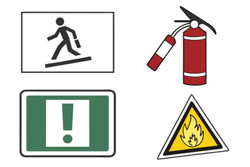 Safety Signs And Fire Extinguisher Icons On White Background warning sign exit sign