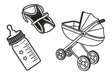 Black and White Baby Items Collection Drawing bottle stroller