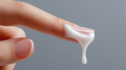 Close up of finger lifting long stretchy trail of creamy lotion with smooth skin and natural nail care