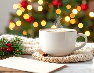 An inviting, cozy winter scene featuring a blank piece of white paper, perfect for writing a Christmas letter, wish list, or greeting card. The paper is placed on a rustic wooden table next to a mug o