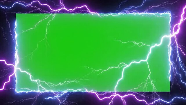 Electrifying Green Screen Overlay with seamless looping lightning neon energy frame background or border on distortion, overlay, glitch, static noise, scan lines black background, 4k animated video