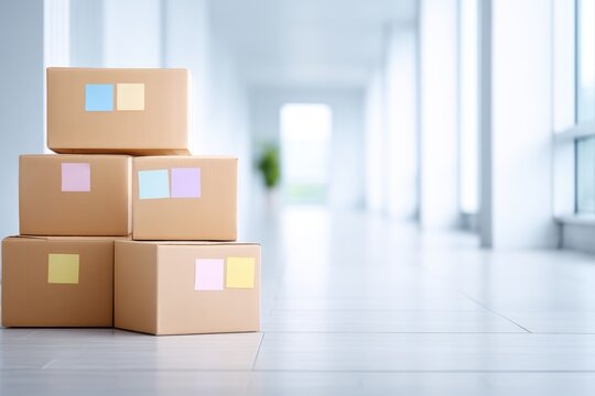 Stacked cardboard boxes with colorful sticky notes in a bright, modern hallway, symbolizing the process of moving house and organizing belongings for relocation