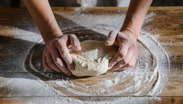 Artisan Baker Hands Kneading Sourdough Starter Dough on Rustic Wooden Table with Flour Dust and Dappled Sunlight - Powered by Adobe