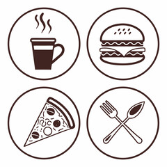 Food and drink icons in circles coffee burger pizza and cutlery symbol