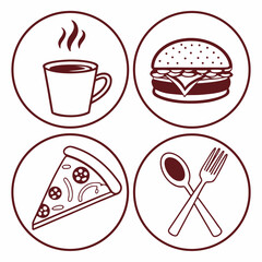 Set of Four Circular Icons with Food and Utensil Graphics coffee hot drink