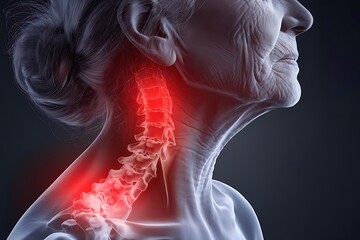 Elderly Woman Suffering from Neck Pain Highlighted in Red, Indicating a Medical Issue or Discomfort