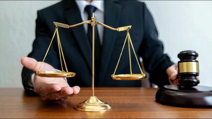 Judge holding golden balance scale with gavel on desk, legal system concept, justice and law, courtroom decision, legal authority, attorney profession - Powered by Adobe