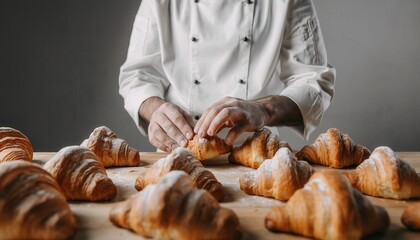 Artisan Baker in White Chef Uniform Skillfully Shaping Delicate Golden Croissants on Flour-Dusted Wooden Table with Warm Lighting and Focused Texture Details