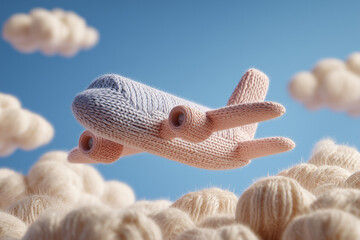 knitted toy soaring through bright blue sky, soft white and gray textures, playful and whimsical feel, suitable for children's products, online store banners, and social media promotions