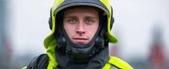 firefighter in complete safety gear readying for emergency response