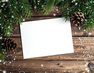 Top-down view of a blank, horizontal white piece of paper offering generous copy space, bordered by fresh green fir branches and brown pine cones. The entire composition rests on a dark, rustic wooden