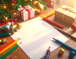 A heartwarming, festive scene featuring an empty sheet of white paper on a wooden table, ready for a child's letter to Santa Claus or a family wish list. The paper is framed by various Christmas decor