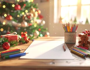 A heartwarming, festive scene featuring an empty sheet of white paper on a wooden table, ready for a child's letter to Santa Claus or a family wish list. The paper is framed by various Christmas decor