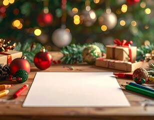 A heartwarming, festive scene featuring an empty sheet of white paper on a wooden table, ready for a child's letter to Santa Claus or a family wish list. The paper is framed by various Christmas decor