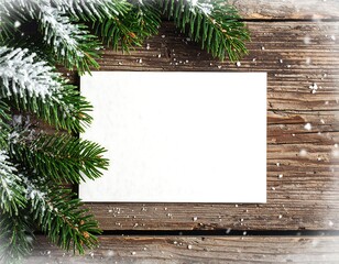 Top-down view of a blank, horizontal white piece of paper offering generous copy space, bordered by fresh green fir branches and brown pine cones. The entire composition rests on a dark, rustic wooden