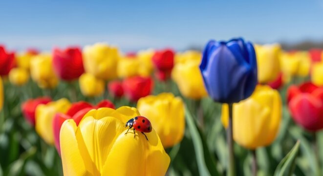 Ladybug on yellow tulip in colorful field with blue sky - Powered by Adobe