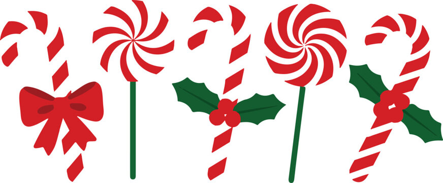 Candy cane. Vector. Christmas stick and round swirl candies icon. Peppermint lollipop symbol isolated on white background in flat design. Cartoon illustration. Striped traditional noel desserts