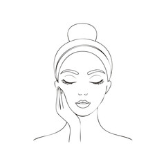 Woman with closed eyes enjoying skincare treatment line art illustration