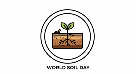 Illustration of a seedling growing in soil within a circular logo for World Soil Day with a simple and informative design.