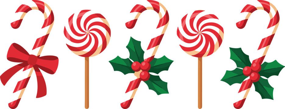 Candy cane. Vector. Christmas stick and round swirl candies icon. Peppermint lollipop symbol isolated on white background in flat design. Cartoon illustration. Striped traditional noel desserts