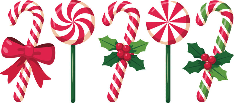 Candy cane. Vector. Christmas stick and round swirl candies icon. Peppermint lollipop symbol isolated on white background in flat design. Cartoon illustration. Striped traditional noel desserts