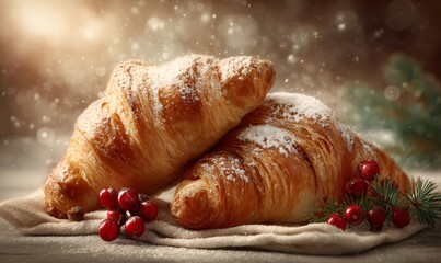 Two traditional french croissants dusted with powdered sugar, served with festive cranberries and pine sprigs, against a snowy bokeh background