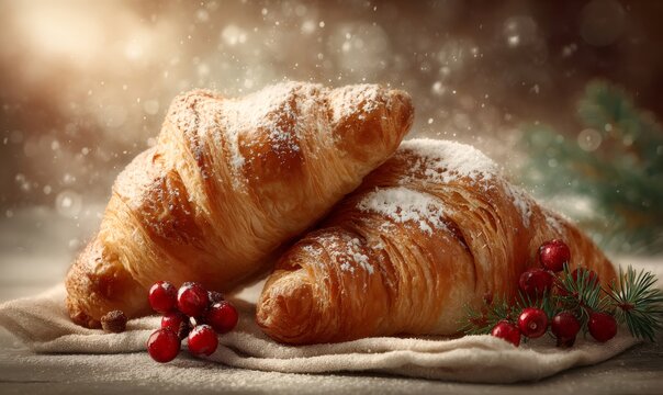 Two traditional french croissants dusted with powdered sugar, served with festive cranberries and pine sprigs, against a snowy bokeh background