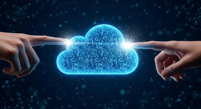 Connect to the cloud with digital fingertips reaching a glowing data network symbol, modern connectivity experience