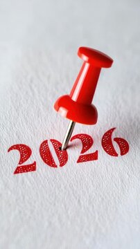 Red pushpin securing the year 2026 on textured white paper, concept of future planning, annual goals achievement, strategic timeline pinpointing, marking significant dates, new year resolution