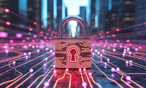 Cyber security padlock shining bright on circuit board in futuristic city for data protection and digital privacy - Powered by Adobe
