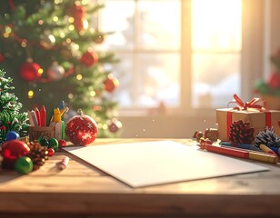 A heartwarming, festive scene featuring an empty sheet of white paper on a wooden table, ready for a child's letter to Santa Claus or a family wish list. The paper is framed by various Christmas decor