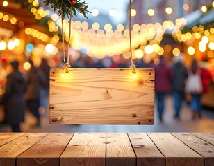 A rustic, bleached wooden table and a blank, hanging wooden sign provide clear copy space for product placement, text, or announcements. The background is a beautifully blurred (bokeh) scene of a bust