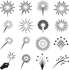 Collection of creative and festive black fireworks silhouette vector illustration