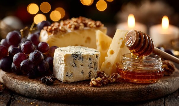 Assortment of gourmet cheeses, fresh grapes, and walnuts with honey on a wooden board, creating a cozy winter holiday setting - Powered by Adobe
