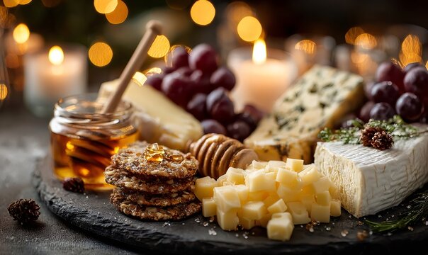 Festive cheese platter serving various cheeses, grapes, honey, and crackers for a winter holiday celebration