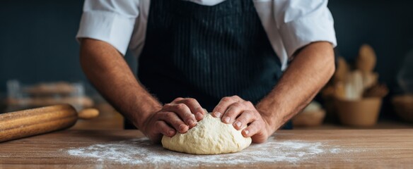 skilled chef vigorously kneading soft dough on a rustic wooden surface in a bakery kitchen