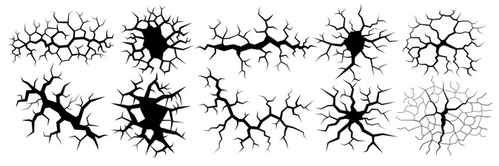 Ground cracks vector icon set. Ground crack or fissure, breaks on land surface, crevices disaster or drought, black fractures top view, crack pattern background, broken, wall, glass concrete cracked.