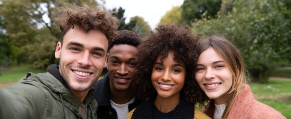 happy pals grinning and taking a selfie outside